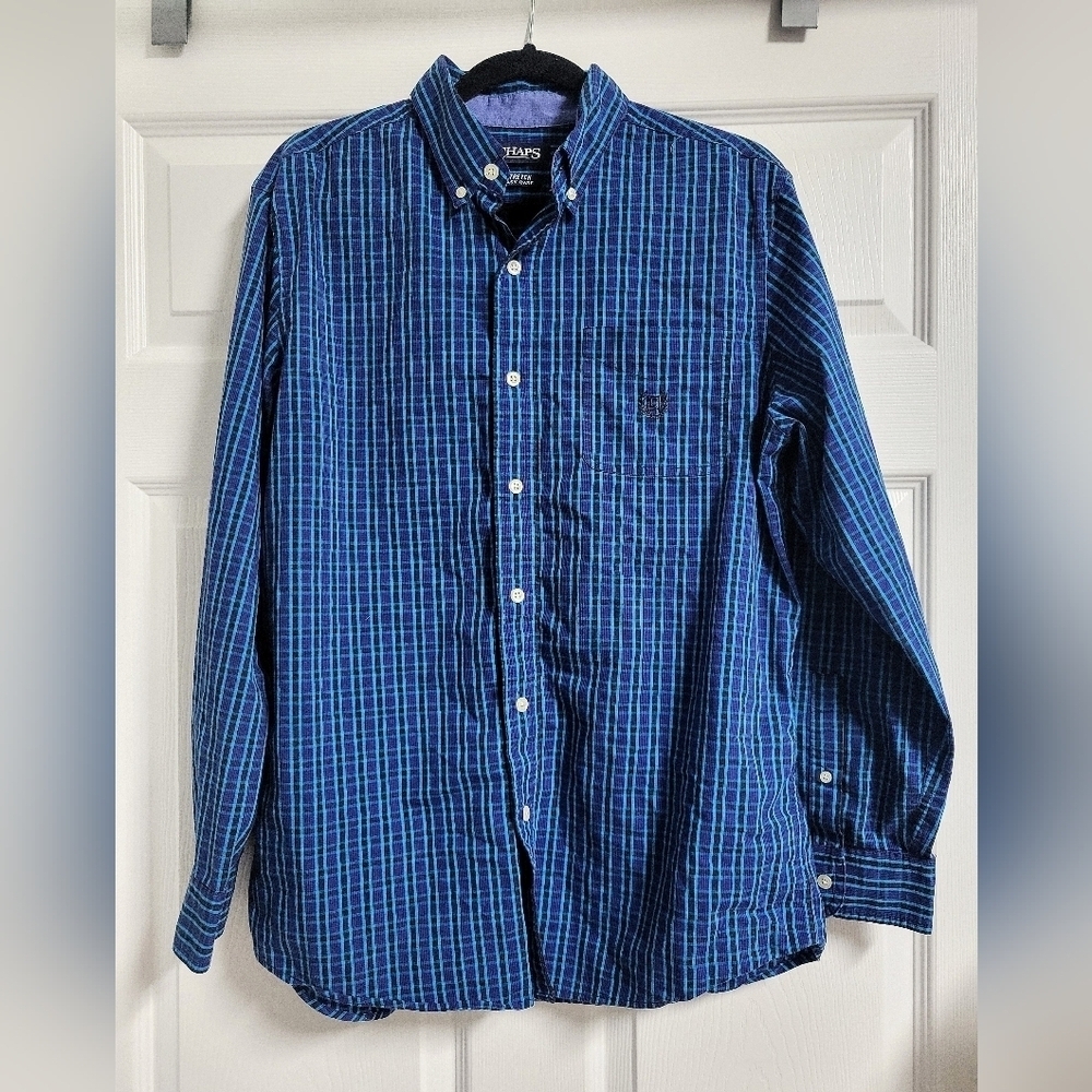 Chaps- Men's Blue Plaid Crested Button Up Shirt- Size M